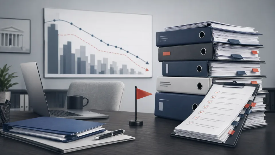 Compliance binders leaning over a small advisory office desk