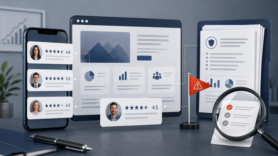 Review cards with ratings, client avatars, and compliance disclosure notes