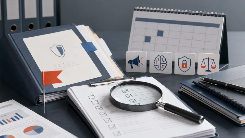 Exam review folder, calendar, checklist, and magnifying glass
