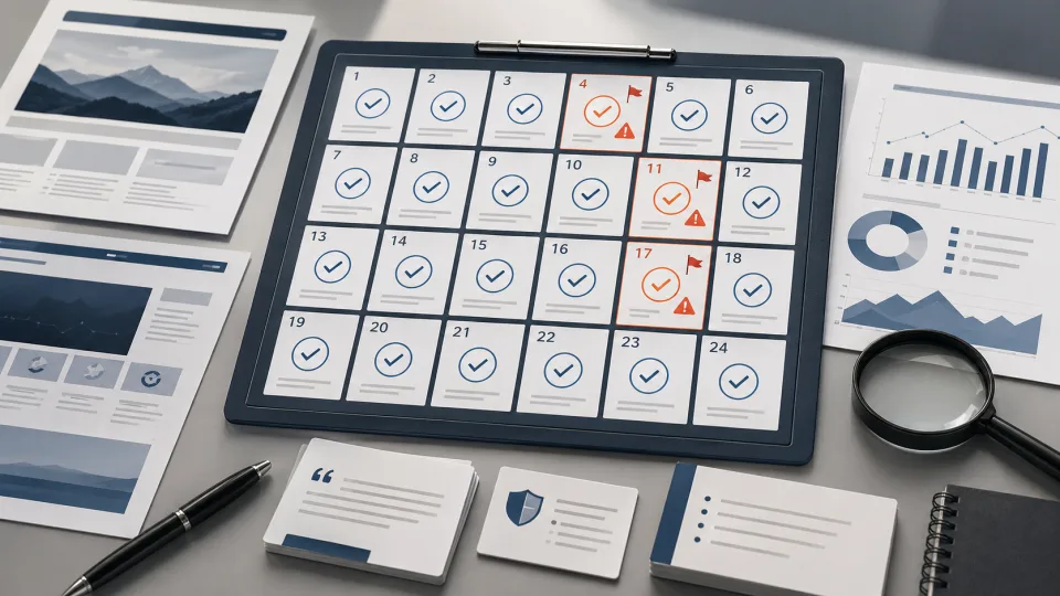 Checklist grid with risk flags and marketing review materials